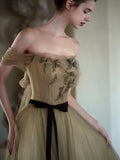 Cute Ball Gown Off The Shoulder Olive Green Tulle Long Prom Dresses Impress 18th Birthday Outfits Prom Gown HZ0311