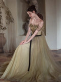Cute Ball Gown Off The Shoulder Olive Green Tulle Long Prom Dresses Impress 18th Birthday Outfits Prom Gown HZ0311