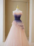 Stylish Ball Gown Strapless Blush Grape Pink Tulle Long Prom Dresses Inspiration Evening Gowns Formal Party Prom Dress HZ0311