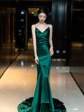 Modest Mermaid Spaghetti Strap Dark Emerald Green With Backless Satin Long Prom Dresses Inspo Prom Gowns HZ0311