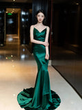 Modest Mermaid Spaghetti Strap Dark Emerald Green With Backless Satin Long Prom Dresses Inspo Prom Gowns HZ0311