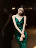 Modest Mermaid Spaghetti Strap Dark Emerald Green With Backless Satin Long Prom Dresses Inspo Prom Gowns HZ0311