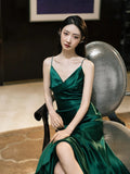 Modest Mermaid Spaghetti Strap Dark Emerald Green With Backless Satin Long Prom Dresses Inspo Prom Gowns HZ0311