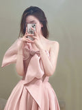 Cute A Line Strapless Pink Satin With Bow-knot Long Prom Dresses Impress 18th Birthday Outfits Prom Gown HZ0311