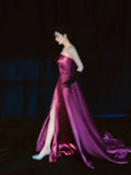 Sexy A Line Strapless Fuchsia Satin With Split Long Prom Dresses Impress 18th Birthday Outfits Prom Gown HZ0311