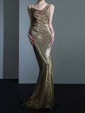 Sparkle Mermaid Asymmetrical Shoulder Straps Champagne Sequin Long Prom Dresses Impress 18th Birthday Outfits Prom Gown HZ0311