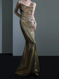 Sparkle Mermaid Asymmetrical Shoulder Straps Champagne Sequin Long Prom Dresses Impress 18th Birthday Outfits Prom Gown HZ0311