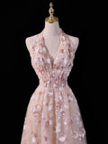 Pretty A line Halter Blush Pink Lace Prom Dresses Formal Dress 18th Birthday Outfits Party Gowns HZ0311