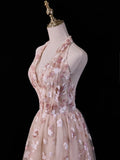 Pretty A line Halter Blush Pink Lace Prom Dresses Formal Dress 18th Birthday Outfits Party Gowns HZ0311