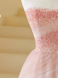 Elegant Ball Gown Strapless Pink Tulle Prom Dress Charming Evening Party Gowns Fashion Wedding Guest Dress HZ0311