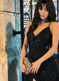 Sexy Black Spaghetti Straps Black Sequin With Slit Lace-Up Mermaid Long Prom Dresses HZ0311