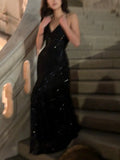 Sexy Black Spaghetti Straps Black Sequin With Slit Lace-Up Mermaid Long Prom Dresses HZ0311