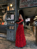 Sexy Mermaid Strapless Red With Gloves Long Prom Dresses Formal Dress Party Birthday Outfits HZ0311