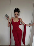 Unique Mermaid Spaghetti Strap Bright Red With Scarf Long Prom Dresses Inspiration Prom Gowns Formal Prom Dress HZ0311