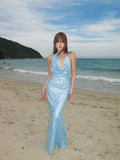 Glittery Mermaid Halter Light Blue With Open Backs Sequin Long Prom Dresses Inspiration 16th Birthday Outfits Formal Evening Dress HZ0311