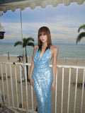 Glittery Mermaid Halter Light Blue With Open Backs Sequin Long Prom Dresses Inspiration 16th Birthday Outfits Formal Evening Dress HZ0311