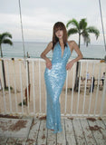 Glittery Mermaid Halter Light Blue With Open Backs Sequin Long Prom Dresses Inspiration 16th Birthday Outfits Formal Evening Dress HZ0311