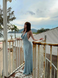 Glittery Mermaid Halter Light Blue With Open Backs Sequin Long Prom Dresses Inspiration 16th Birthday Outfits Formal Evening Dress HZ0311