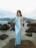 Glittery Mermaid Halter Light Blue With Backless Sequin Long Prom Dresses Inspiration 18th Birthday Outfits Formal Evening Dress HZ0311