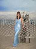 Glittery Mermaid Halter Light Blue With Backless Sequin Long Prom Dresses Inspiration 18th Birthday Outfits Formal Evening Dress HZ0311