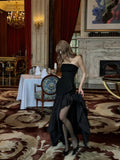 Unique Mermaid Strapless Black Satin With Ruffles Prom Dress Long Birthday Party Gown Evening Dresses HZ0311