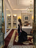 Unique Mermaid Strapless Black Satin With Ruffles Prom Dress Long Birthday Party Gown Evening Dresses HZ0311