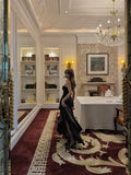Unique Mermaid Strapless Black Satin With Ruffles Prom Dress Long Birthday Party Gown Evening Dresses HZ0311