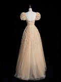 Cute A Line Sweetheart Champagne Tulle Flowers Long Prom Dress Evening Outfits Formal Dress HZ0311