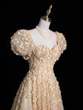 Cute A Line Sweetheart Champagne Tulle Flowers Long Prom Dress Evening Outfits Formal Dress HZ0311