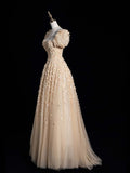 Cute A Line Sweetheart Champagne Tulle Flowers Long Prom Dress Evening Outfits Formal Dress HZ0311
