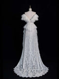 Classic A Line V Neckline Wedding Dresses Lace White With Sleeves Vintage Brides Dress Summer Bridal Gowns HZ0311
