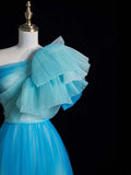 Elegant A Line One Shoulder Blue Tulle Pleated Long Prom Dresses Evening Outfits Formal Dress HZ0311