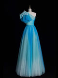 Elegant A Line One Shoulder Blue Tulle Pleated Long Prom Dresses Evening Outfits Formal Dress HZ0311
