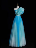 Elegant A Line One Shoulder Blue Tulle Pleated Long Prom Dresses Evening Outfits Formal Dress HZ0311