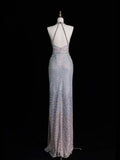 Elegant Mermaid Halter Sequined Pleated Long Prom Dresses Evening Outfits Formal Dress HZ0311