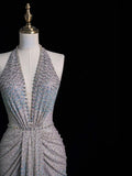 Elegant Mermaid Halter Sequined Pleated Long Prom Dresses Evening Outfits Formal Dress HZ0311