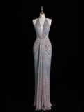 Elegant Mermaid Halter Sequined Pleated Long Prom Dresses Evening Outfits Formal Dress HZ0311