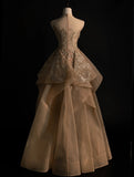 Cute Ball Gown Scoop Gold Lace Appliques Long Prom Dress Evening Outfits Semi Formal Dress HZ0311