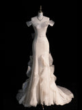 Civil Wedding Dresses Mermaid Off The Shoulder White With Short Sleeves Sequin Brides Dress Fitted Bridal Gowns HZ0311