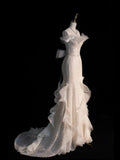 Civil Wedding Dresses Mermaid Off The Shoulder White With Short Sleeves Sequin Brides Dress Fitted Bridal Gowns HZ0311