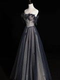 Elegant A line Sweetheart Navy Blue Tulle Pleated Long Prom Dresses Evening Outfits Formal Dress HZ0311