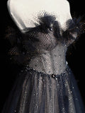 Elegant A line Sweetheart Navy Blue Tulle Pleated Long Prom Dresses Evening Outfits Formal Dress HZ0311