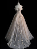 Modest A line Off The Shoulder Champagne Appliqued Tulle Long Prom Dresses Night Formal Dresses HZ0311