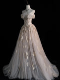 Modest A line Off The Shoulder Champagne Appliqued Tulle Long Prom Dresses Night Formal Dresses HZ0311