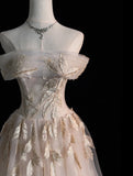 Modest A line Off The Shoulder Champagne Appliqued Tulle Long Prom Dresses Night Formal Dresses HZ0311