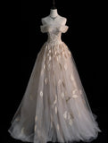 Modest A line Off The Shoulder Champagne Appliqued Tulle Long Prom Dresses Night Formal Dresses HZ0311
