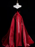 Modest A line Sweetheart Black Velvet Top Red Skirt Long Prom Dresses Night Formal Dresses HZ0311
