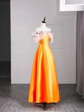 Modest A line Off The Shoulder Orange Appliqued Satin Long Prom Dresses Night Formal Dresses HZ0311