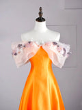 Modest A line Off The Shoulder Orange Appliqued Satin Long Prom Dresses Night Formal Dresses HZ0311