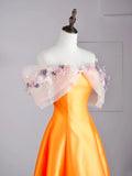Modest A line Off The Shoulder Orange Appliqued Satin Long Prom Dresses Night Formal Dresses HZ0311